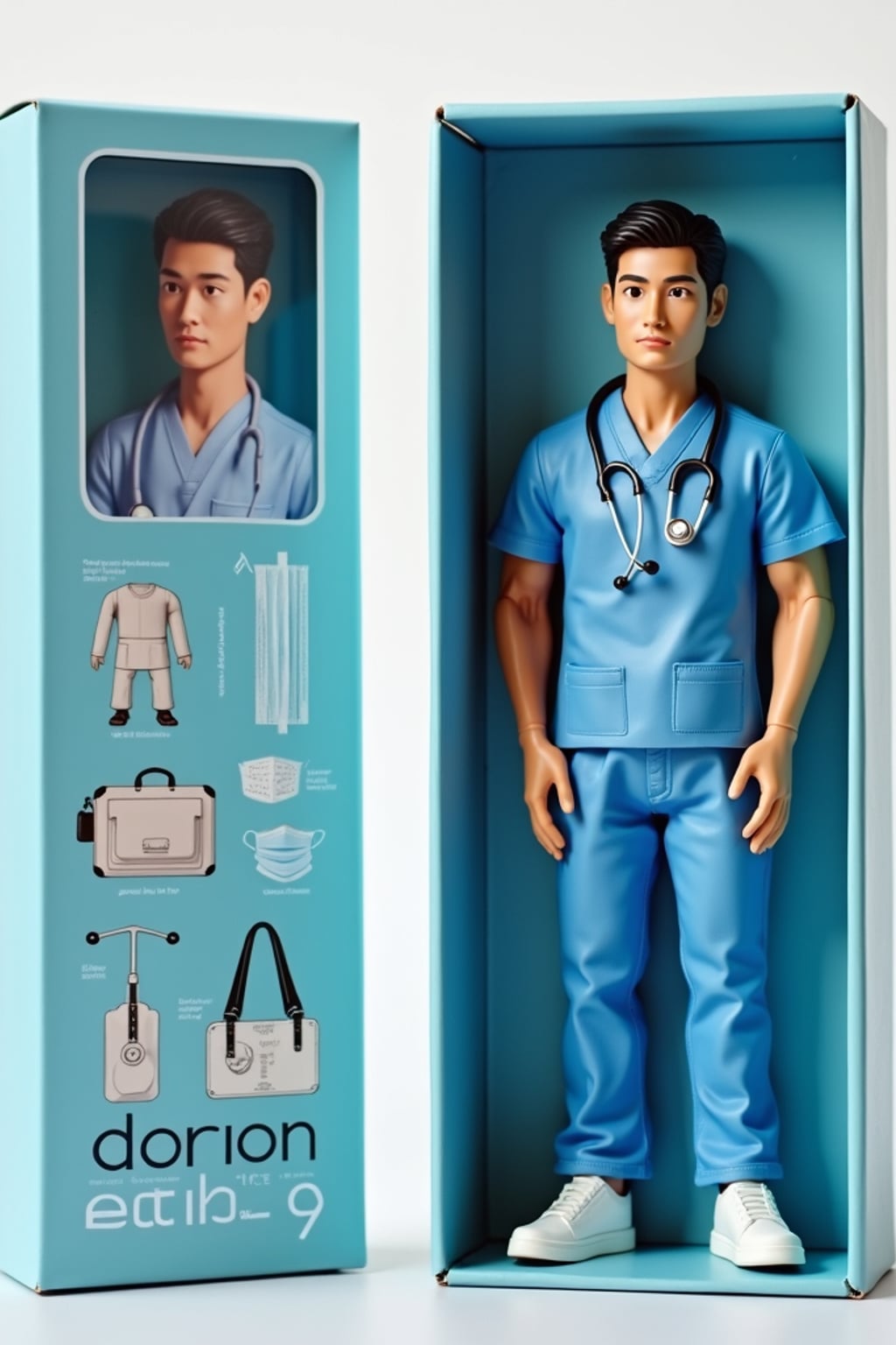 man as an action figure in packaging labeled 'DOCTOR EDITION'. Use man as a reference for the face. Model is 6 inches tall and dressed in medical scrubs with stethoscope, and holding a clipboard. The cardboard section should be light blue. Include an 'Accessories' section with items like stethoscope, medical bag, and surgical mask. Make the design visually appealing and reflective of healthcare profession. Do not include the character image on packaging.