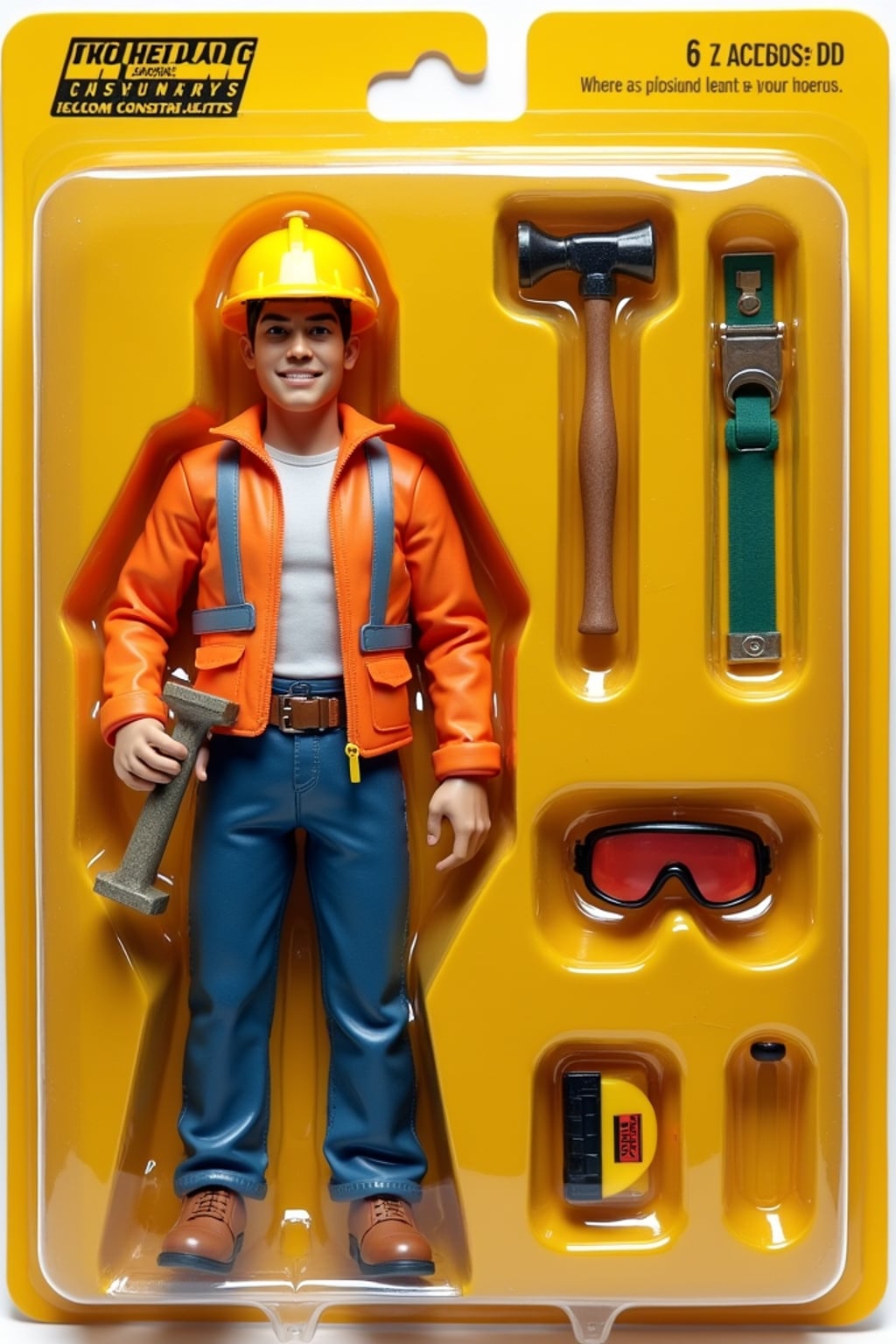 man as an action figure in packaging labeled 'CONSTRUCTION EDITION'. Use man as a reference for the face. Model is 6 inches tall and dressed in construction worker attire with hard hat, and holding a hammer. The cardboard section should be yellow. Include an 'Accessories' section with items like tool belt, safety goggles, and measuring tape. Make the design visually appealing and reflective of construction industry. Do not include the character image on packaging.