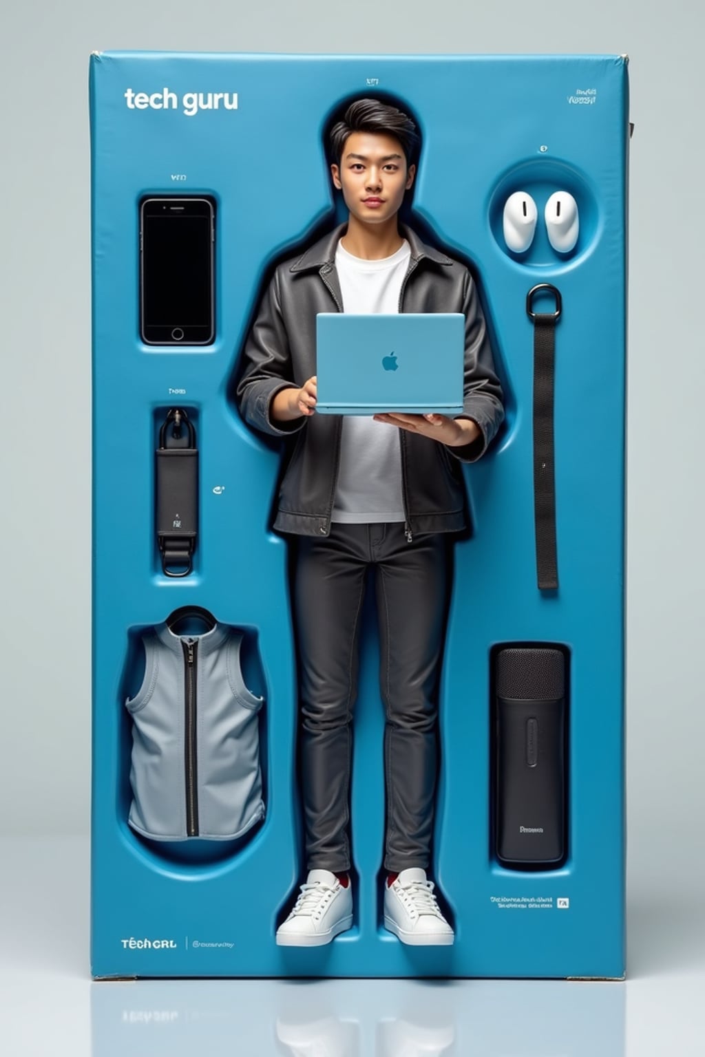 man as an action figure in packaging labeled 'TECH GURU'. Use man as a reference for the face. Model is 6 inches tall and dressed in tech attire, and holding a laptop. The cardboard section should be blue. Include an 'Accessories' section with items like smartphone, laptop, and wireless earbuds. Make the design visually appealing and reflective of tech industry. Do not include the character image on packaging.