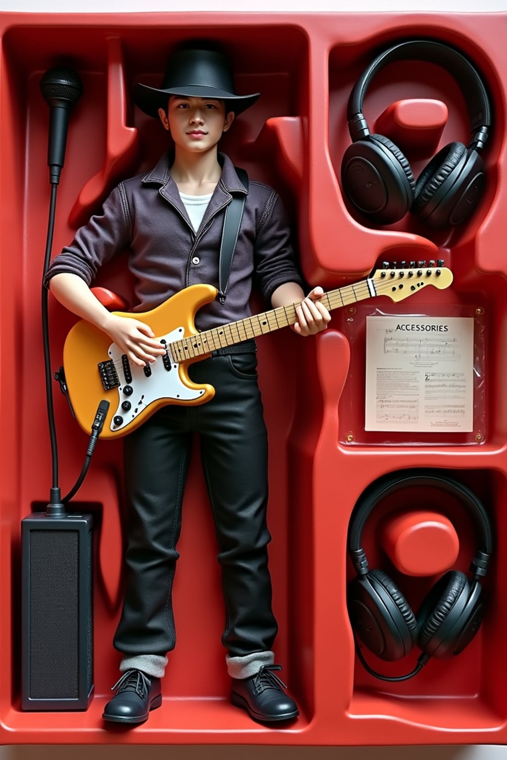 man as an action figure in packaging labeled 'MUSICIAN SERIES'. Use man as a reference for the face. Model is 6 inches tall and dressed in musical attire, and holding a guitar. The cardboard section should be red. Include an 'Accessories' section with items like microphone, music sheet, and headphones. Make the design visually appealing and reflective of music industry. Do not include the character image on packaging.