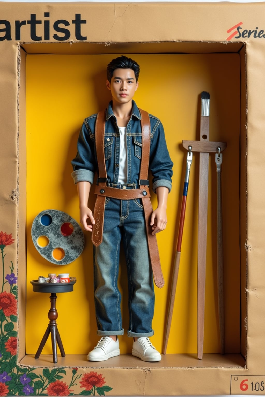 man as an action figure in packaging labeled 'ARTIST SERIES'. Use man as a reference for the face. Model is 6 inches tall and dressed in artistic attire, and holding a paintbrush. The cardboard section should be yellow. Include an 'Accessories' section with items like easel, paint palette, and art supplies. Make the design visually appealing and reflective of artistry. Do not include the character image on packaging.