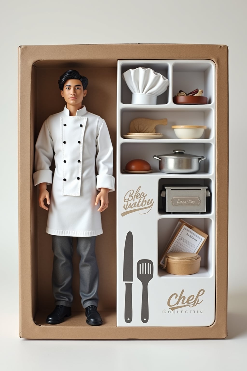man as an action figure in packaging labeled 'CHEF COLLECTION'. Use man as a reference for the face. Model is 6 inches tall and dressed in chef uniform, and holding a spatula. The cardboard section should be white. Include an 'Accessories' section with items like chef hat, cooking pot, and recipe book. Make the design visually appealing and reflective of culinary arts. Do not include the character image on packaging.