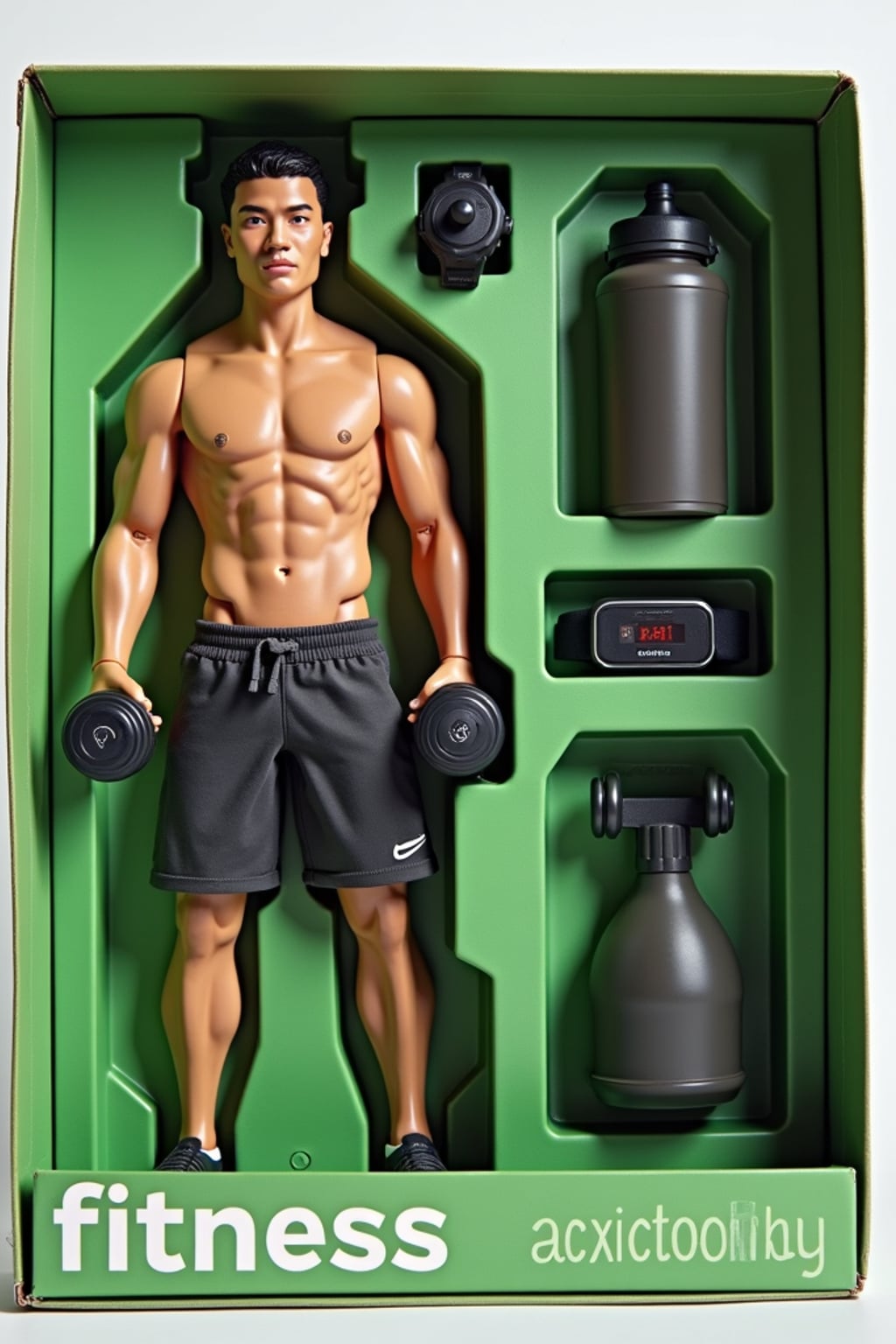 man as an action figure in packaging labeled 'FITNESS EDITION'. Use man as a reference for the face. Model is 6 inches tall and dressed in athletic wear, and holding a dumbbell. The cardboard section should be green. Include an 'Accessories' section with items like water bottle, fitness tracker, and resistance bands. Make the design visually appealing and reflective of fitness industry. Do not include the character image on packaging.