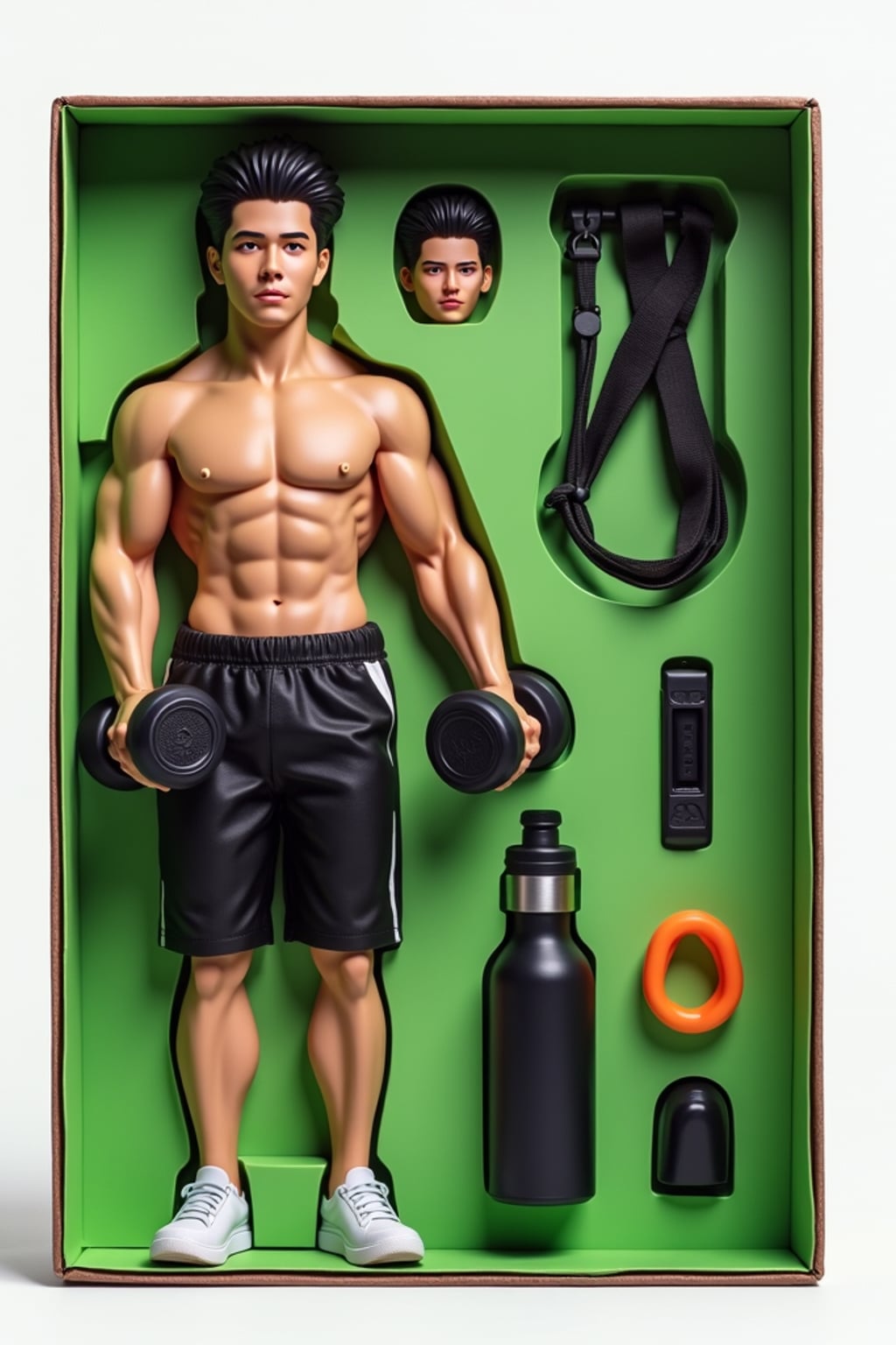 man as an action figure in packaging labeled 'FITNESS EDITION'. Use man as a reference for the face. Model is 6 inches tall and dressed in athletic wear, and holding a dumbbell. The cardboard section should be green. Include an 'Accessories' section with items like water bottle, fitness tracker, and resistance bands. Make the design visually appealing and reflective of fitness industry. Do not include the character image on packaging.