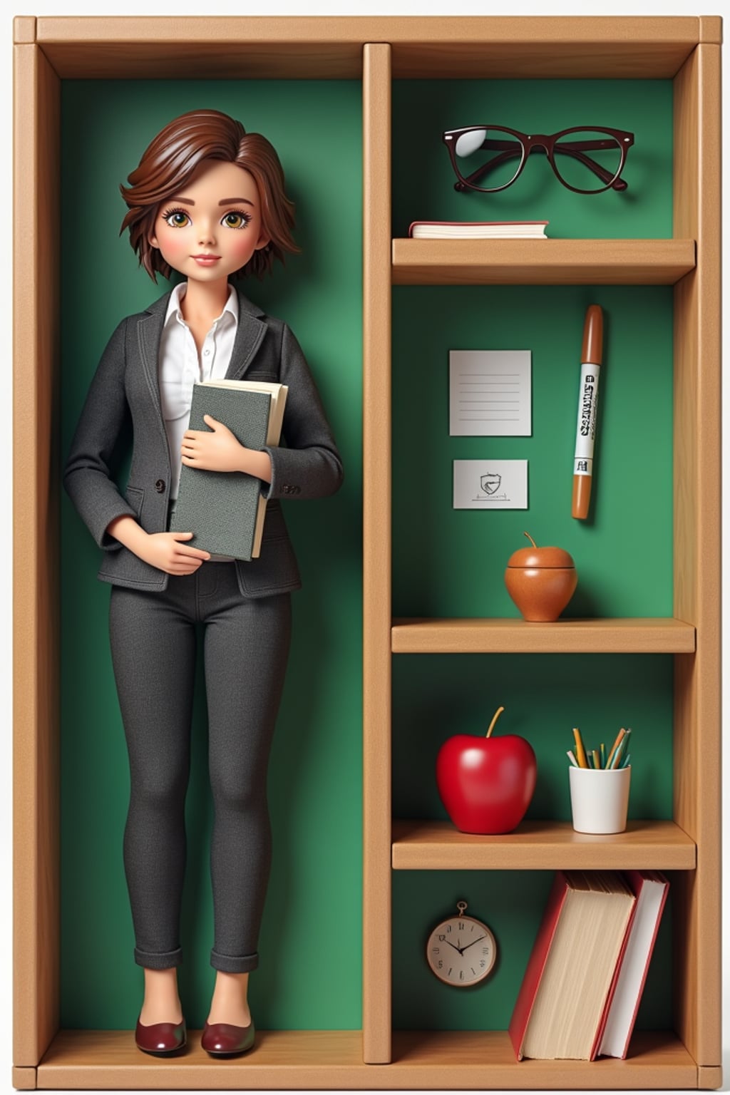woman as an action figure in packaging labeled 'TEACHER EDITION'. Use woman as a reference for the face. Model is 6 inches tall and dressed in professional teaching attire, and holding a book. The cardboard section should be green. Include an 'Accessories' section with items like whiteboard marker, apple, and reading glasses. Make the design visually appealing and reflective of education profession. Do not include the character image on packaging.