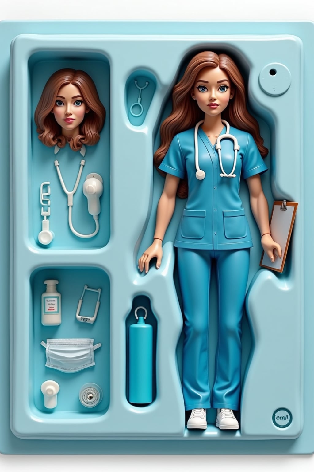 woman as an action figure in packaging labeled 'DOCTOR EDITION'. Use woman as a reference for the face. Model is 6 inches tall and dressed in medical scrubs with stethoscope, and holding a clipboard. The cardboard section should be light blue. Include an 'Accessories' section with items like stethoscope, medical bag, and surgical mask. Make the design visually appealing and reflective of healthcare profession. Do not include the character image on packaging.