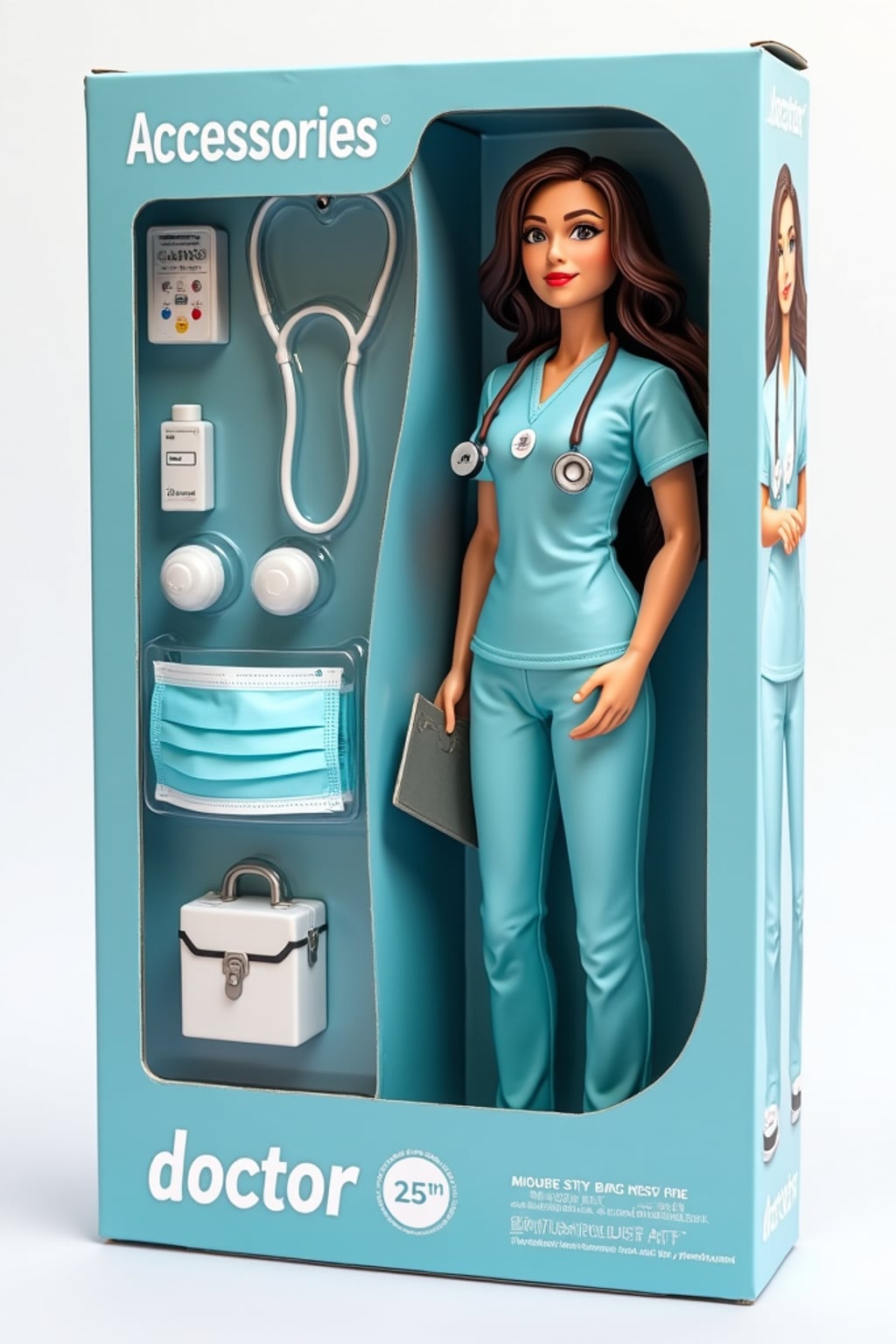 woman as an action figure in packaging labeled 'DOCTOR EDITION'. Use woman as a reference for the face. Model is 6 inches tall and dressed in medical scrubs with stethoscope, and holding a clipboard. The cardboard section should be light blue. Include an 'Accessories' section with items like stethoscope, medical bag, and surgical mask. Make the design visually appealing and reflective of healthcare profession. Do not include the character image on packaging.
