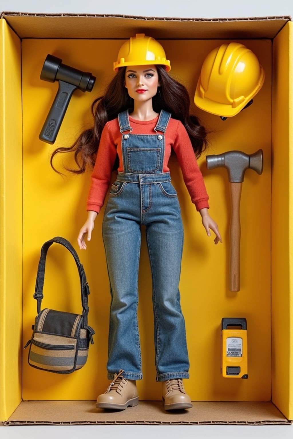 woman as an action figure in packaging labeled 'CONSTRUCTION EDITION'. Use woman as a reference for the face. Model is 6 inches tall and dressed in construction worker attire with hard hat, and holding a hammer. The cardboard section should be yellow. Include an 'Accessories' section with items like tool belt, safety goggles, and measuring tape. Make the design visually appealing and reflective of construction industry. Do not include the character image on packaging.