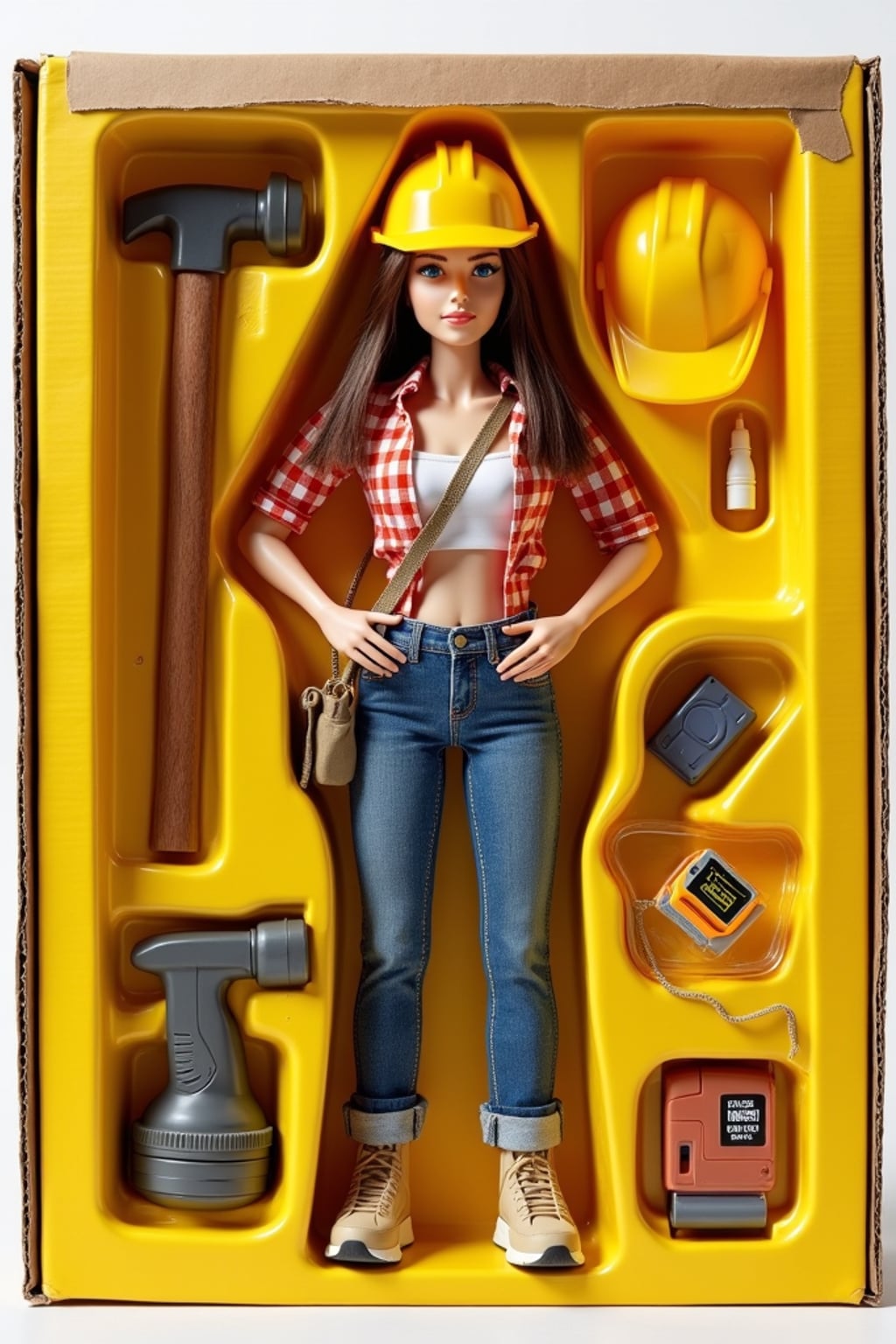woman as an action figure in packaging labeled 'CONSTRUCTION EDITION'. Use woman as a reference for the face. Model is 6 inches tall and dressed in construction worker attire with hard hat, and holding a hammer. The cardboard section should be yellow. Include an 'Accessories' section with items like tool belt, safety goggles, and measuring tape. Make the design visually appealing and reflective of construction industry. Do not include the character image on packaging.