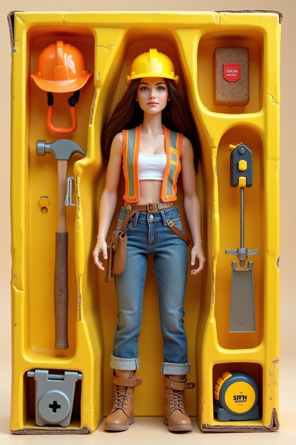 woman as an action figure in packaging labeled 'CONSTRUCTION EDITION'. Use woman as a reference for the face. Model is 6 inches tall and dressed in construction worker attire with hard hat, and holding a hammer. The cardboard section should be yellow. Include an 'Accessories' section with items like tool belt, safety goggles, and measuring tape. Make the design visually appealing and reflective of construction industry. Do not include the character image on packaging.