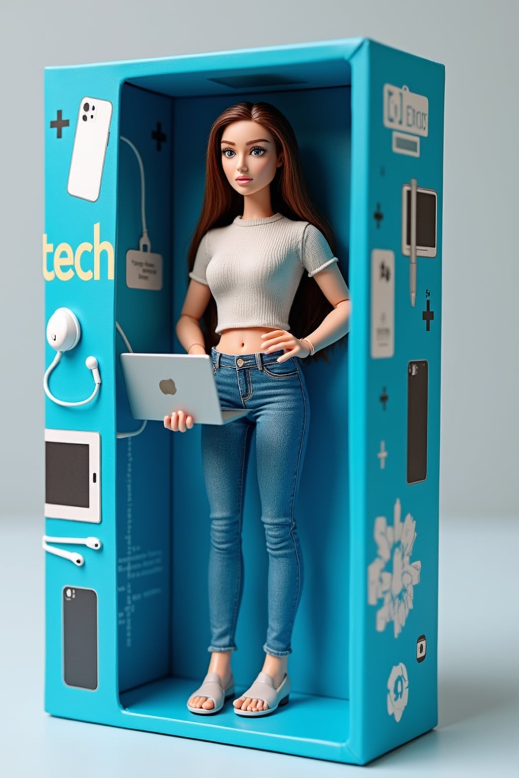 woman as an action figure in packaging labeled 'TECH GURU'. Use woman as a reference for the face. Model is 6 inches tall and dressed in tech attire, and holding a laptop. The cardboard section should be blue. Include an 'Accessories' section with items like smartphone, laptop, and wireless earbuds. Make the design visually appealing and reflective of tech industry. Do not include the character image on packaging.