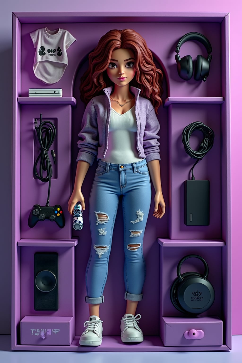 woman as an action figure in packaging labeled 'GAME NIGHT'. Use woman as a reference for the face. Model is 6 inches tall and dressed in casual gaming attire, and holding a controller. The cardboard section should be purple. Include an 'Accessories' section with items like gaming mouse, gaming headset, and gaming console. Make the design visually appealing and reflective of gaming culture. Do not include the character image on packaging.