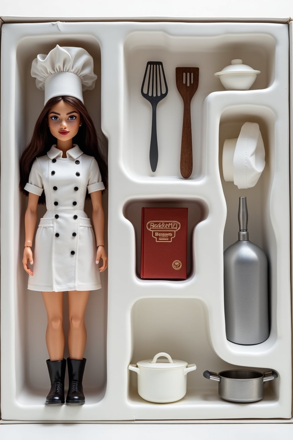 woman as an action figure in packaging labeled 'CHEF COLLECTION'. Use woman as a reference for the face. Model is 6 inches tall and dressed in chef uniform, and holding a spatula. The cardboard section should be white. Include an 'Accessories' section with items like chef hat, cooking pot, and recipe book. Make the design visually appealing and reflective of culinary arts. Do not include the character image on packaging.