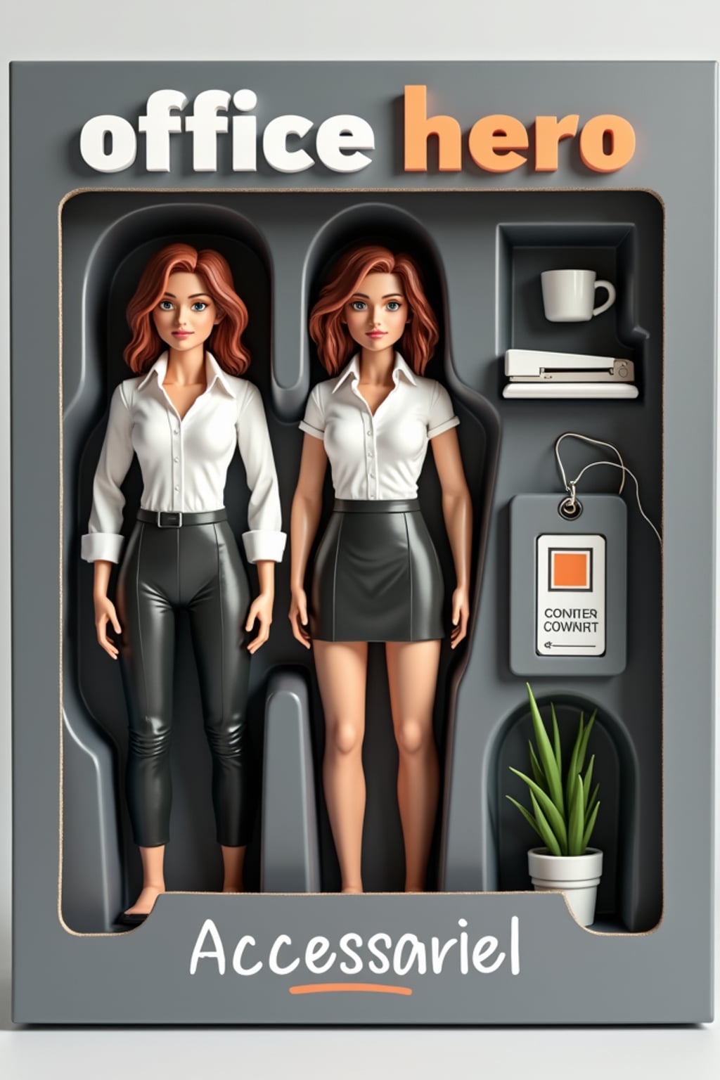 woman as an action figure in packaging labeled 'OFFICE HERO'. Use woman as a reference for the face. Model is 6.5 inches tall and dressed in office attire, and holding a coffee mug. The cardboard section should be gray. Include an 'Accessories' section with items like stapler, desk plant, and ID badge. Make the design visually appealing and reflective of office environment. Do not include the character image on packaging.