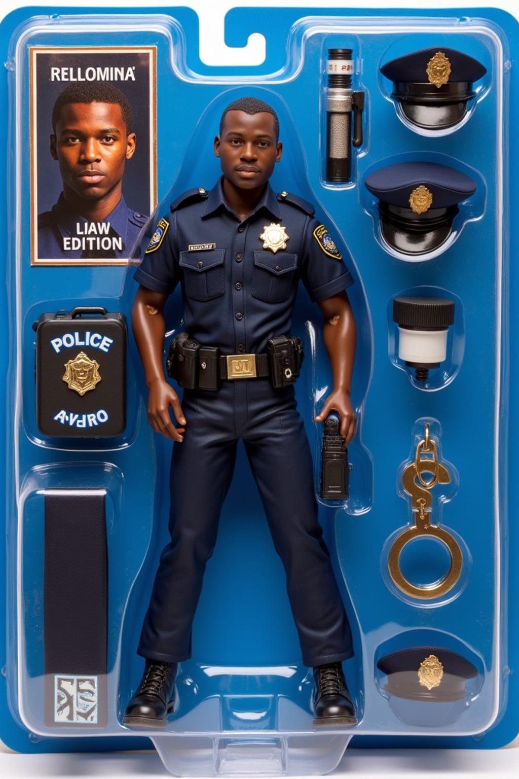 man as an action figure in packaging labeled 'POLICE EDITION'. Use man as a reference for the face. Model is 6 inches tall and dressed in police uniform with badge, and holding a walkie-talkie. The cardboard section should be blue. Include an 'Accessories' section with items like handcuffs, police hat, and flashlight. Make the design visually appealing and reflective of law enforcement profession. Do not include the character image on packaging.