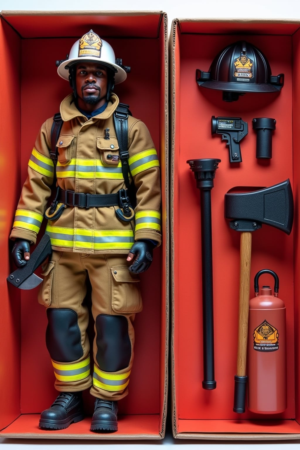man as an action figure in packaging labeled 'FIREFIGHTER EDITION'. Use man as a reference for the face. Model is 6 inches tall and dressed in firefighter uniform with helmet, and holding an axe. The cardboard section should be red. Include an 'Accessories' section with items like fire hose, oxygen tank, and radio. Make the design visually appealing and reflective of firefighting profession. Do not include the character image on packaging.