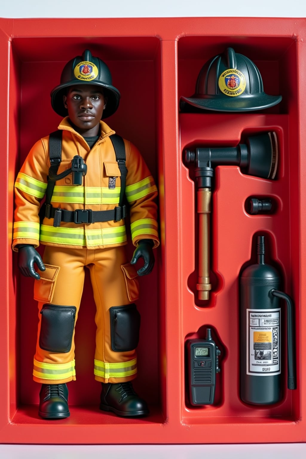 man as an action figure in packaging labeled 'FIREFIGHTER EDITION'. Use man as a reference for the face. Model is 6 inches tall and dressed in firefighter uniform with helmet, and holding an axe. The cardboard section should be red. Include an 'Accessories' section with items like fire hose, oxygen tank, and radio. Make the design visually appealing and reflective of firefighting profession. Do not include the character image on packaging.