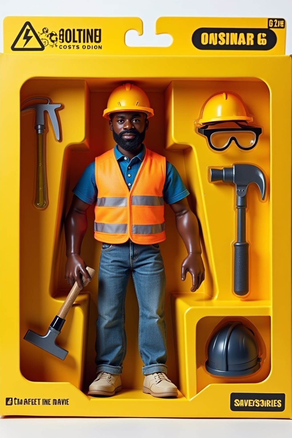 man as an action figure in packaging labeled 'CONSTRUCTION EDITION'. Use man as a reference for the face. Model is 6 inches tall and dressed in construction worker attire with hard hat, and holding a hammer. The cardboard section should be yellow. Include an 'Accessories' section with items like tool belt, safety goggles, and measuring tape. Make the design visually appealing and reflective of construction industry. Do not include the character image on packaging.