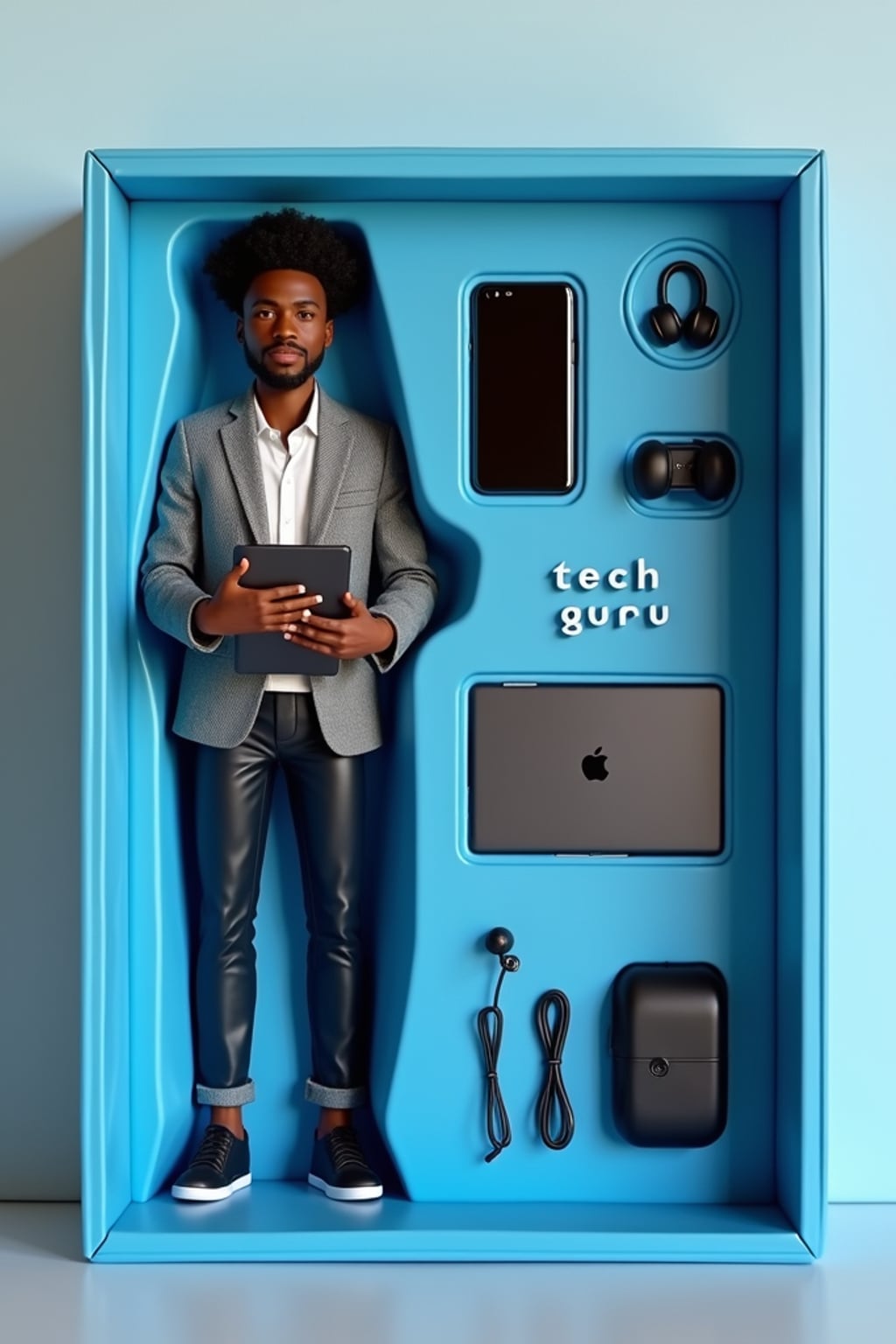 man as an action figure in packaging labeled 'TECH GURU'. Use man as a reference for the face. Model is 6 inches tall and dressed in tech attire, and holding a laptop. The cardboard section should be blue. Include an 'Accessories' section with items like smartphone, laptop, and wireless earbuds. Make the design visually appealing and reflective of tech industry. Do not include the character image on packaging.