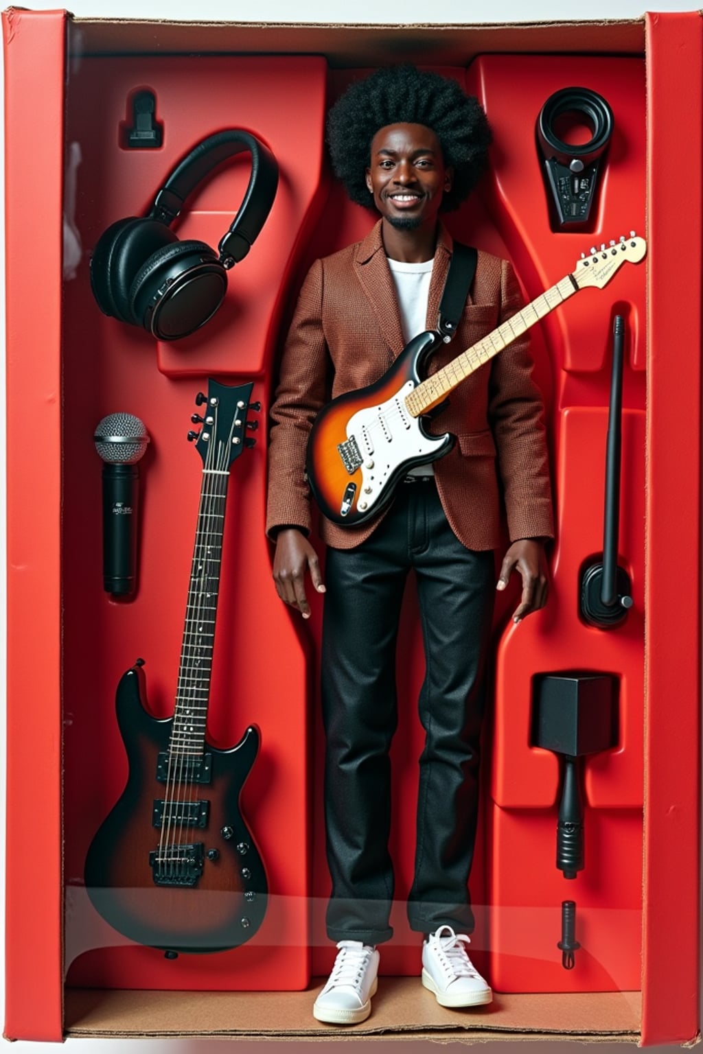 man as an action figure in packaging labeled 'MUSICIAN SERIES'. Use man as a reference for the face. Model is 6 inches tall and dressed in musical attire, and holding a guitar. The cardboard section should be red. Include an 'Accessories' section with items like microphone, music sheet, and headphones. Make the design visually appealing and reflective of music industry. Do not include the character image on packaging.