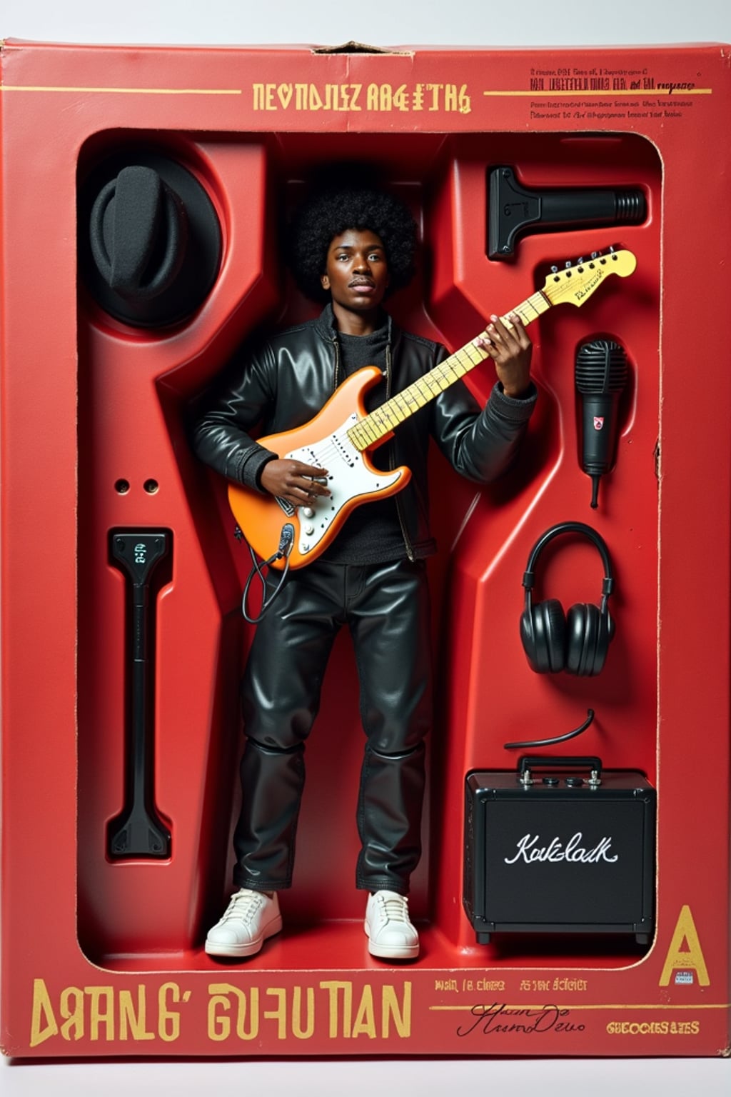man as an action figure in packaging labeled 'MUSICIAN SERIES'. Use man as a reference for the face. Model is 6 inches tall and dressed in musical attire, and holding a guitar. The cardboard section should be red. Include an 'Accessories' section with items like microphone, music sheet, and headphones. Make the design visually appealing and reflective of music industry. Do not include the character image on packaging.