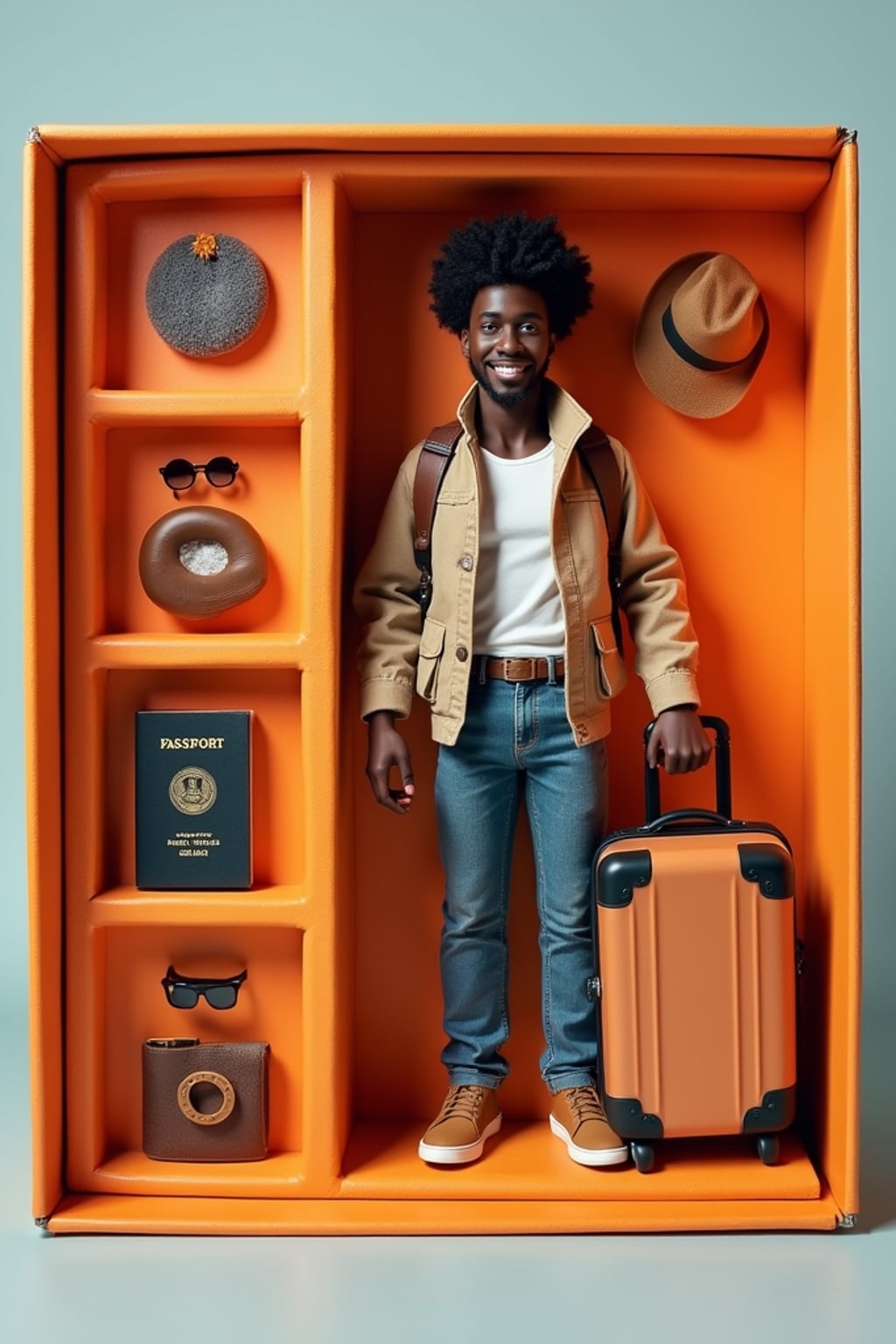 man as an action figure in packaging labeled 'TRAVELER\'S EDITION'. Use man as a reference for the face. Model is 6 inches tall and dressed in travel attire, and holding a suitcase. The cardboard section should be orange. Include an 'Accessories' section with items like passport, travel pillow, and travel bag. Make the design visually appealing and reflective of travel lifestyle. Do not include the character image on packaging.