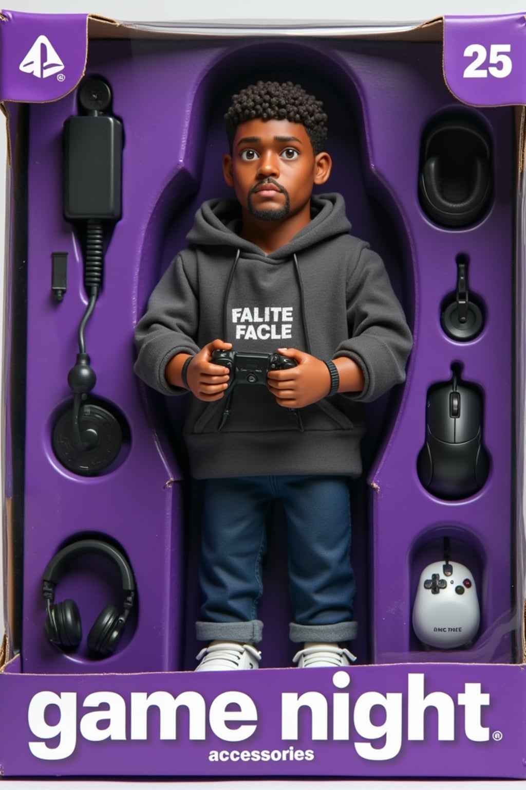 man as an action figure in packaging labeled 'GAME NIGHT'. Use man as a reference for the face. Model is 6 inches tall and dressed in casual gaming attire, and holding a controller. The cardboard section should be purple. Include an 'Accessories' section with items like gaming mouse, gaming headset, and gaming console. Make the design visually appealing and reflective of gaming culture. Do not include the character image on packaging.