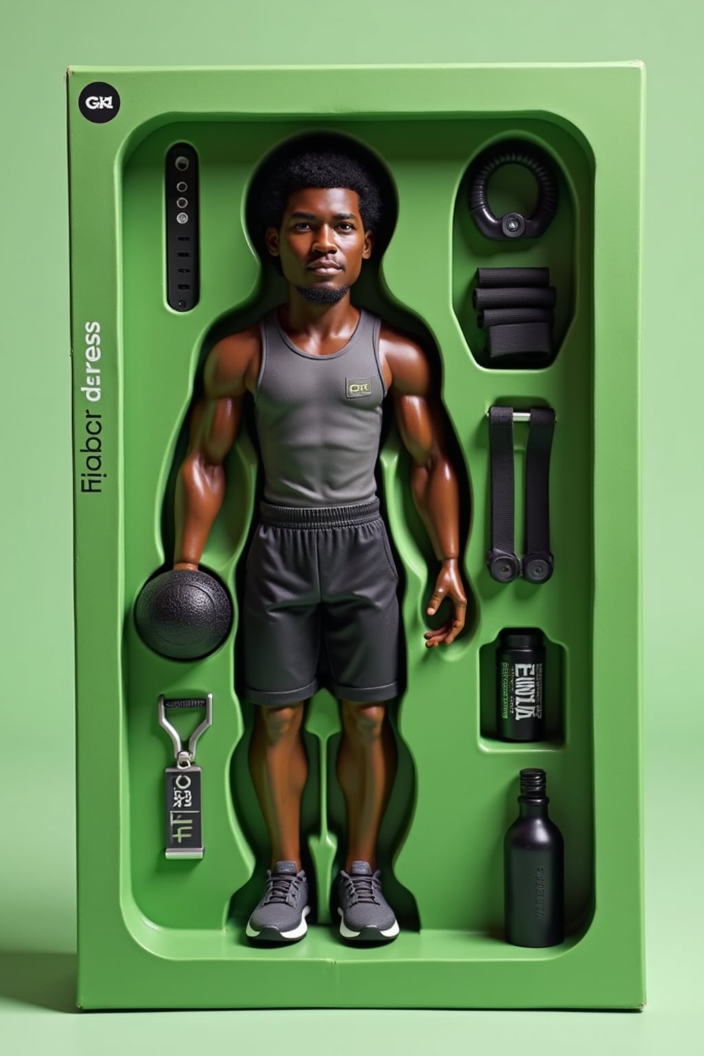man as an action figure in packaging labeled 'FITNESS EDITION'. Use man as a reference for the face. Model is 6 inches tall and dressed in athletic wear, and holding a dumbbell. The cardboard section should be green. Include an 'Accessories' section with items like water bottle, fitness tracker, and resistance bands. Make the design visually appealing and reflective of fitness industry. Do not include the character image on packaging.
