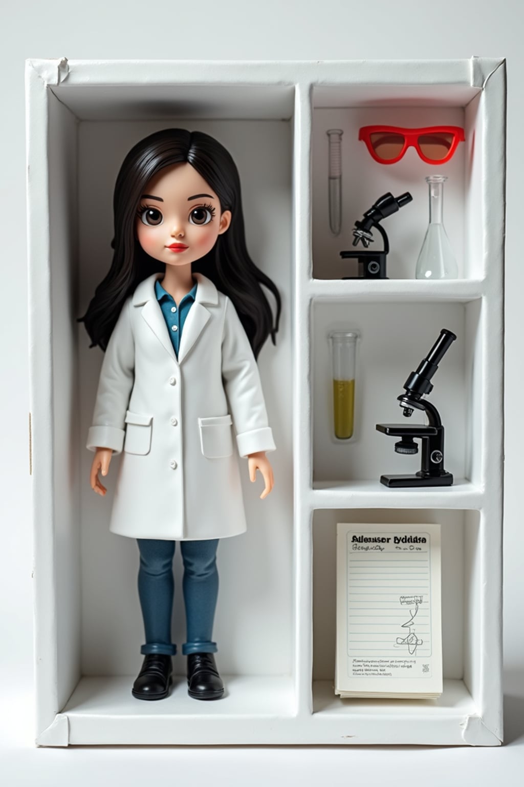 woman as an action figure in packaging labeled 'SCIENTIST EDITION'. Use woman as a reference for the face. Model is 6 inches tall and dressed in lab coat, and holding a test tube. The cardboard section should be white. Include an 'Accessories' section with items like microscope, safety goggles, and lab notebook. Make the design visually appealing and reflective of scientific research. Do not include the character image on packaging.