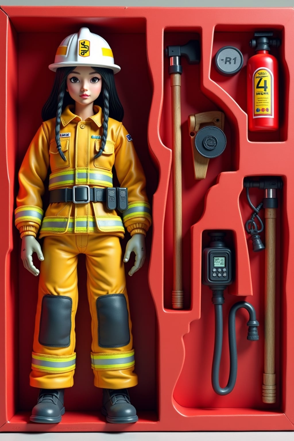woman as an action figure in packaging labeled 'FIREFIGHTER EDITION'. Use woman as a reference for the face. Model is 6 inches tall and dressed in firefighter uniform with helmet, and holding an axe. The cardboard section should be red. Include an 'Accessories' section with items like fire hose, oxygen tank, and radio. Make the design visually appealing and reflective of firefighting profession. Do not include the character image on packaging.