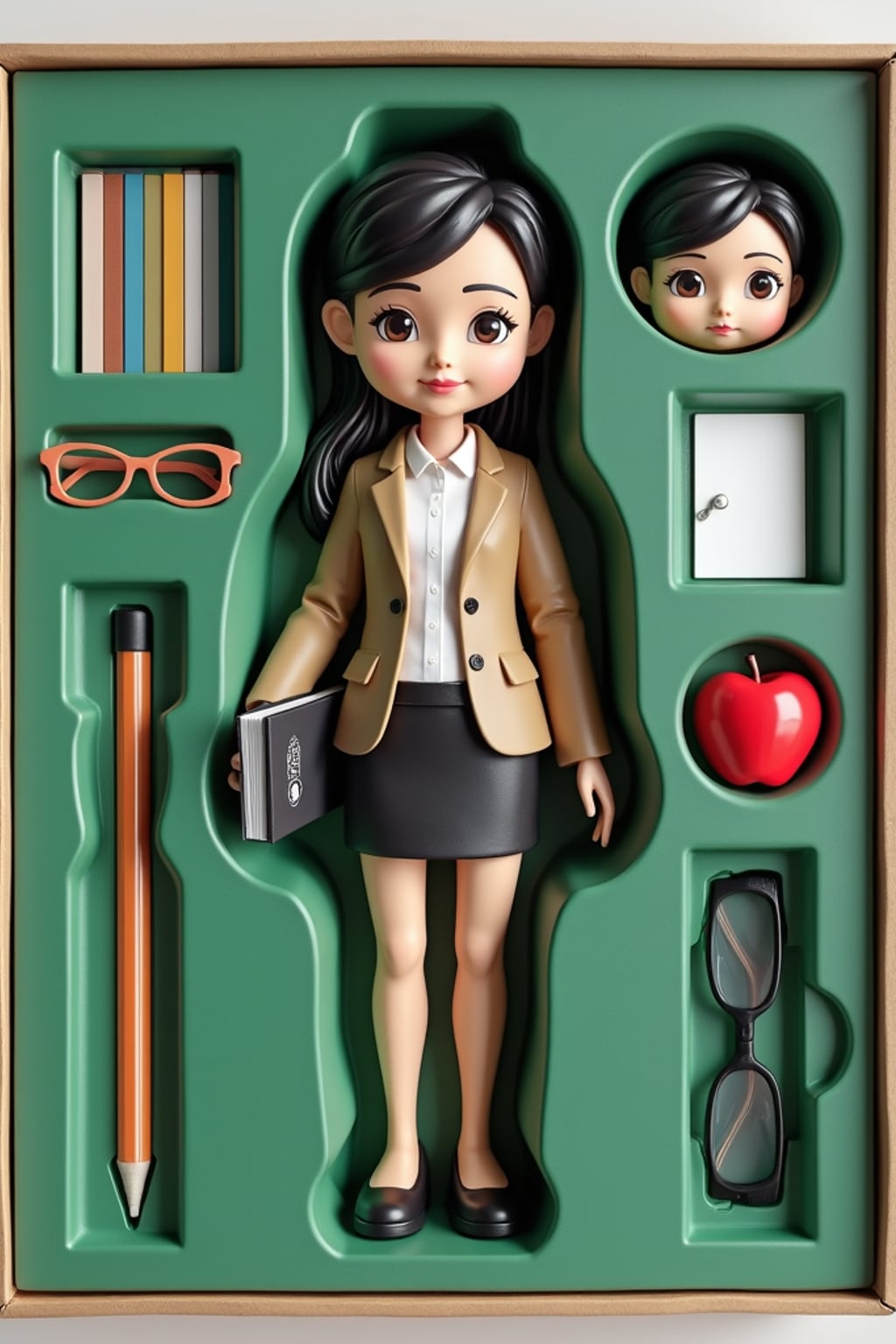 woman as an action figure in packaging labeled 'TEACHER EDITION'. Use woman as a reference for the face. Model is 6 inches tall and dressed in professional teaching attire, and holding a book. The cardboard section should be green. Include an 'Accessories' section with items like whiteboard marker, apple, and reading glasses. Make the design visually appealing and reflective of education profession. Do not include the character image on packaging.