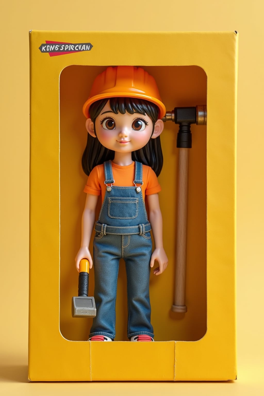 woman as an action figure in packaging labeled 'CONSTRUCTION EDITION'. Use woman as a reference for the face. Model is 6 inches tall and dressed in construction worker attire with hard hat, and holding a hammer. The cardboard section should be yellow. Include an 'Accessories' section with items like tool belt, safety goggles, and measuring tape. Make the design visually appealing and reflective of construction industry. Do not include the character image on packaging.