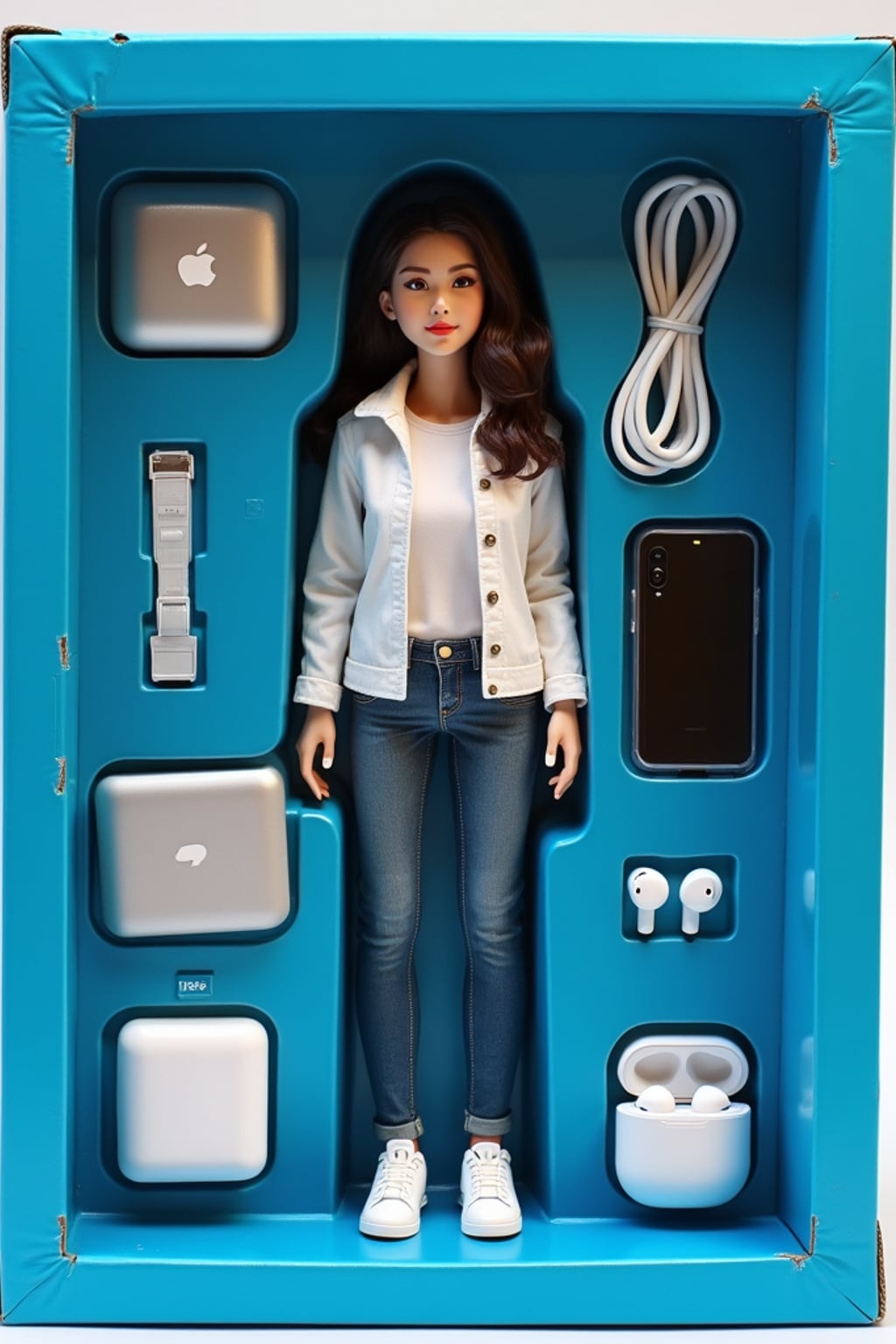 woman as an action figure in packaging labeled 'TECH GURU'. Use woman as a reference for the face. Model is 6 inches tall and dressed in tech attire, and holding a laptop. The cardboard section should be blue. Include an 'Accessories' section with items like smartphone, laptop, and wireless earbuds. Make the design visually appealing and reflective of tech industry. Do not include the character image on packaging.