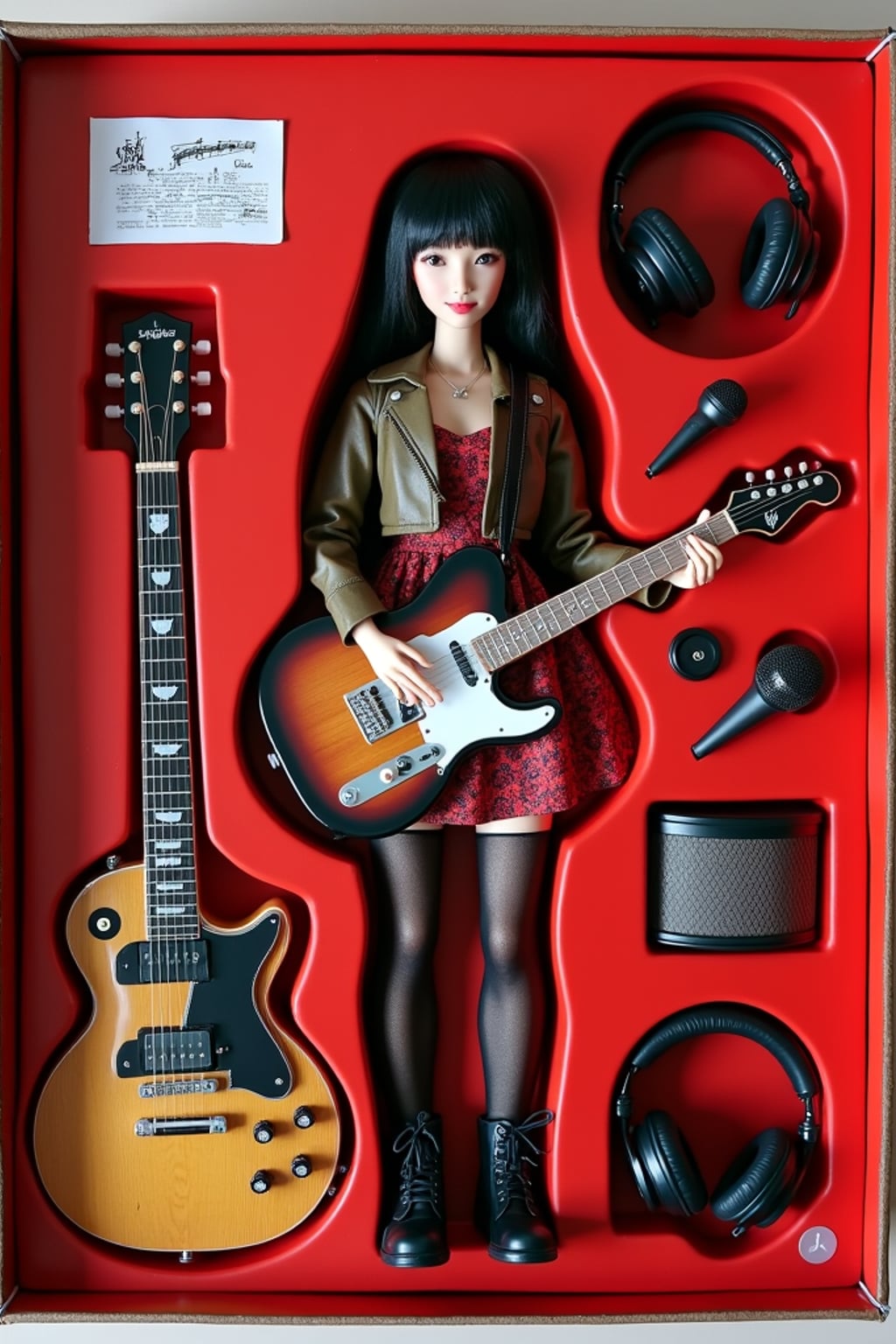 woman as an action figure in packaging labeled 'MUSICIAN SERIES'. Use woman as a reference for the face. Model is 6 inches tall and dressed in musical attire, and holding a guitar. The cardboard section should be red. Include an 'Accessories' section with items like microphone, music sheet, and headphones. Make the design visually appealing and reflective of music industry. Do not include the character image on packaging.