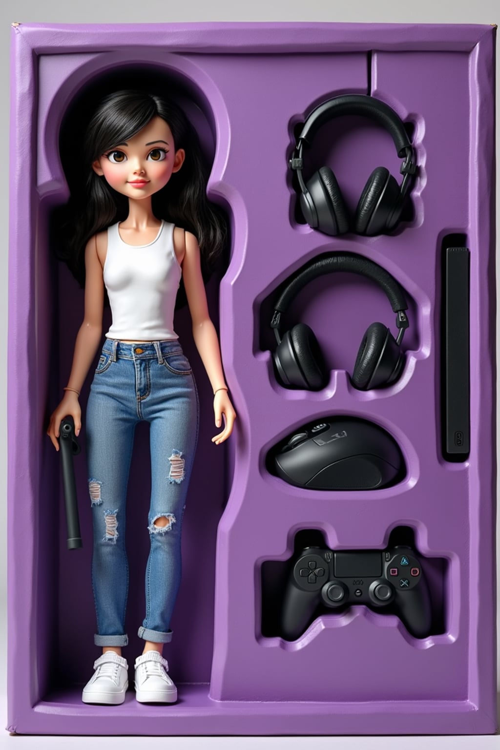 woman as an action figure in packaging labeled 'GAME NIGHT'. Use woman as a reference for the face. Model is 6 inches tall and dressed in casual gaming attire, and holding a controller. The cardboard section should be purple. Include an 'Accessories' section with items like gaming mouse, gaming headset, and gaming console. Make the design visually appealing and reflective of gaming culture. Do not include the character image on packaging.