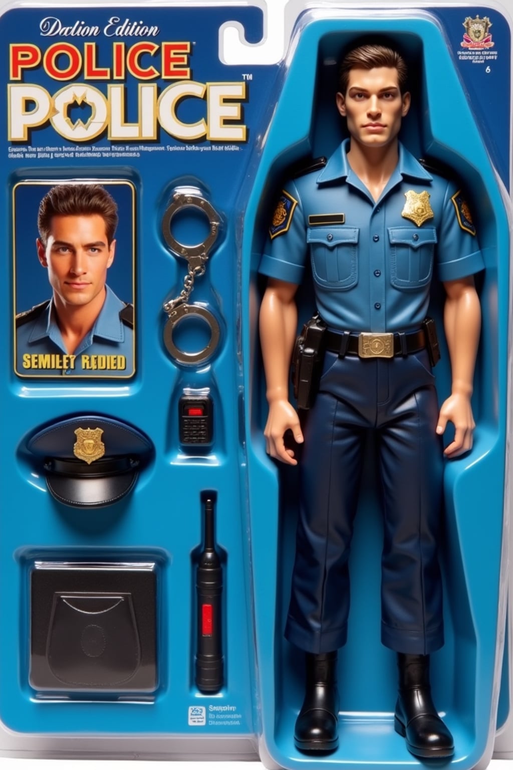 man as an action figure in packaging labeled 'POLICE EDITION'. Use man as a reference for the face. Model is 6 inches tall and dressed in police uniform with badge, and holding a walkie-talkie. The cardboard section should be blue. Include an 'Accessories' section with items like handcuffs, police hat, and flashlight. Make the design visually appealing and reflective of law enforcement profession. Do not include the character image on packaging.