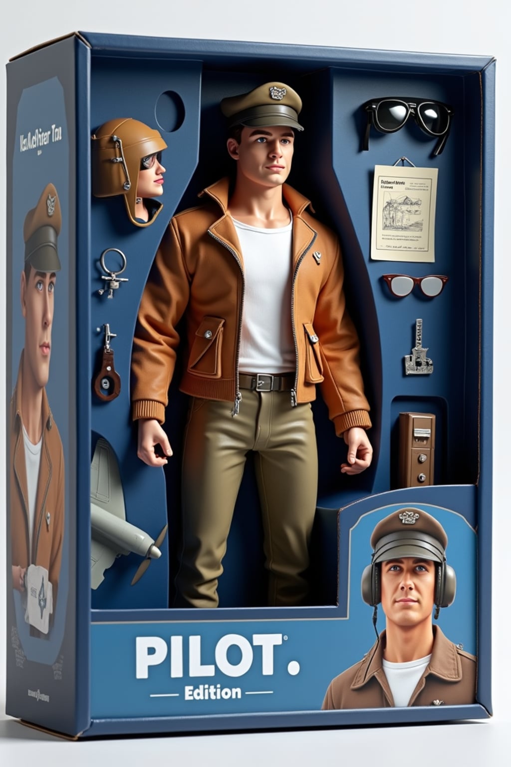 man as an action figure in packaging labeled 'PILOT EDITION'. Use man as a reference for the face. Model is 6 inches tall and dressed in pilot uniform with cap, and holding aviator sunglasses. The cardboard section should be navy blue. Include an 'Accessories' section with items like pilot headset, flight manual, and man airplane. Make the design visually appealing and reflective of aviation profession. Do not include the character image on packaging.