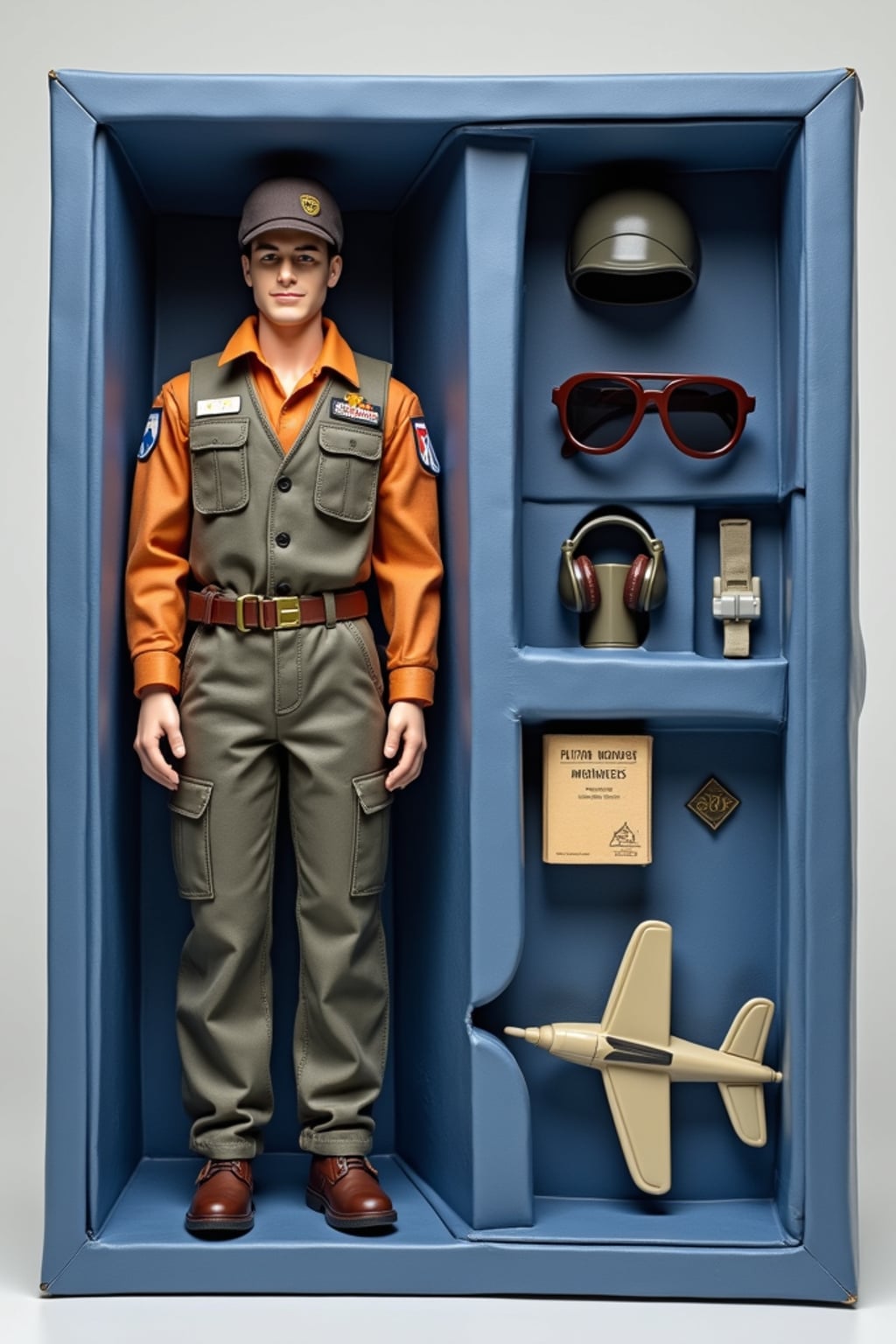man as an action figure in packaging labeled 'PILOT EDITION'. Use man as a reference for the face. Model is 6 inches tall and dressed in pilot uniform with cap, and holding aviator sunglasses. The cardboard section should be navy blue. Include an 'Accessories' section with items like pilot headset, flight manual, and man airplane. Make the design visually appealing and reflective of aviation profession. Do not include the character image on packaging.