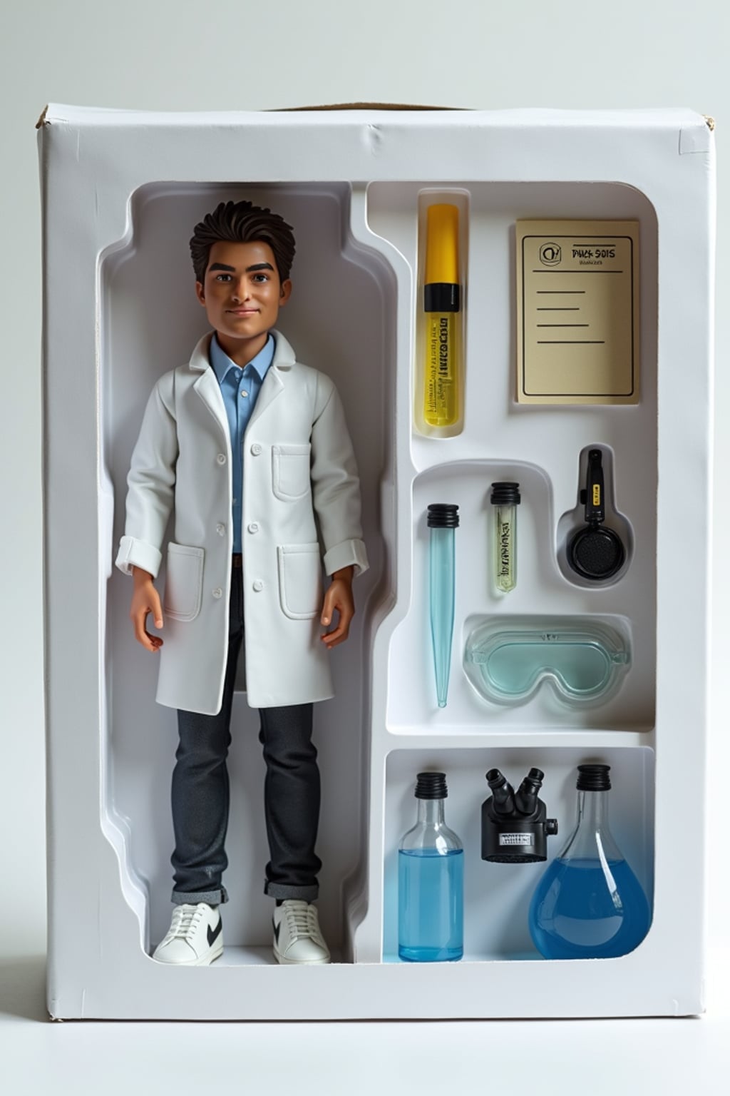 man as an action figure in packaging labeled 'SCIENTIST EDITION'. Use man as a reference for the face. Model is 6 inches tall and dressed in lab coat, and holding a test tube. The cardboard section should be white. Include an 'Accessories' section with items like microscope, safety goggles, and lab notebook. Make the design visually appealing and reflective of scientific research. Do not include the character image on packaging.