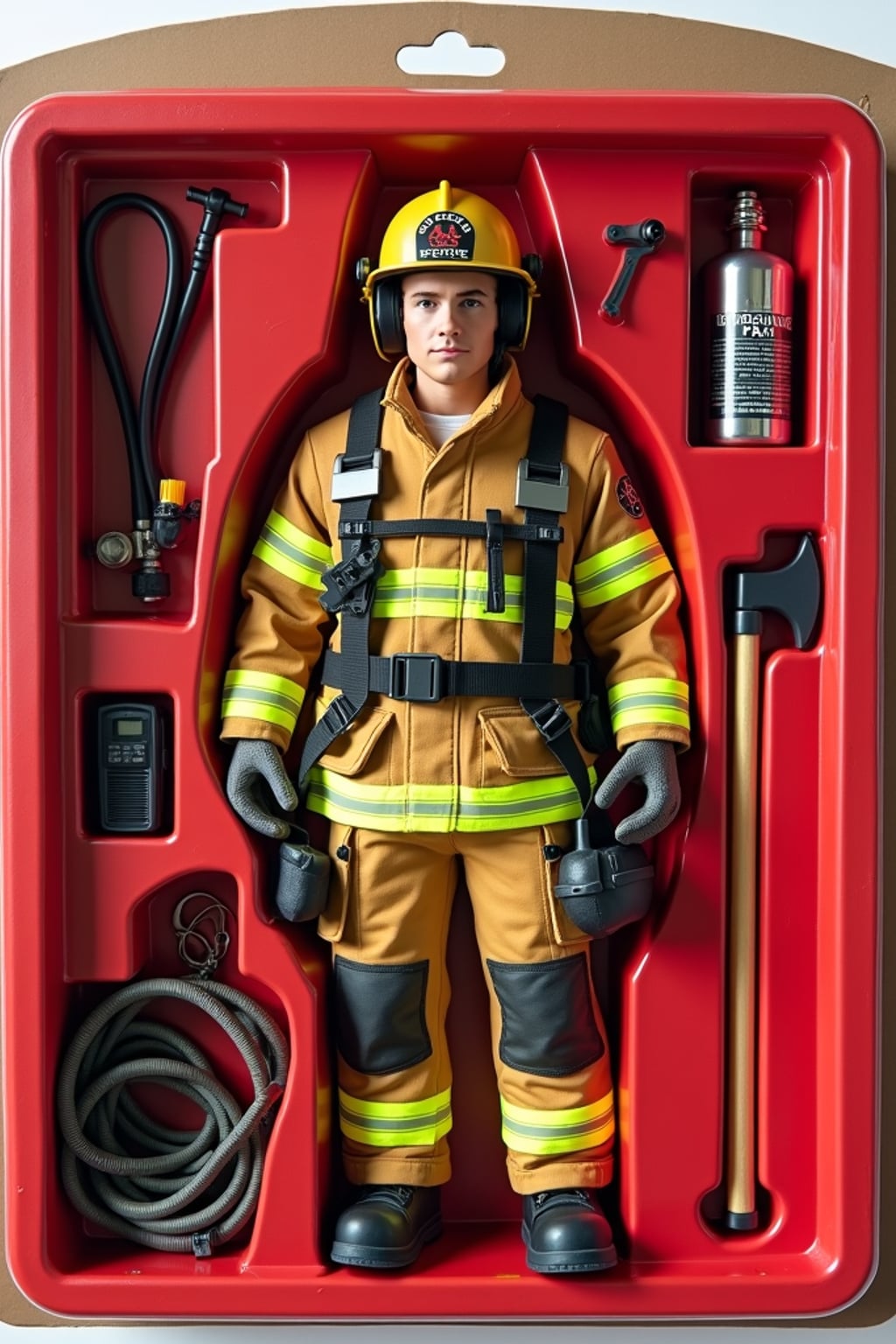 man as an action figure in packaging labeled 'FIREFIGHTER EDITION'. Use man as a reference for the face. Model is 6 inches tall and dressed in firefighter uniform with helmet, and holding an axe. The cardboard section should be red. Include an 'Accessories' section with items like fire hose, oxygen tank, and radio. Make the design visually appealing and reflective of firefighting profession. Do not include the character image on packaging.