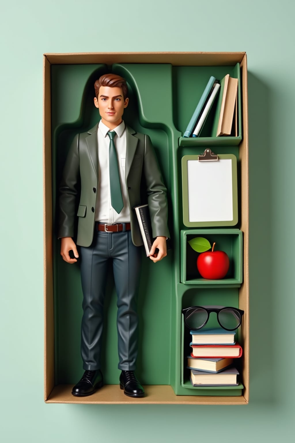 man as an action figure in packaging labeled 'TEACHER EDITION'. Use man as a reference for the face. Model is 6 inches tall and dressed in professional teaching attire, and holding a book. The cardboard section should be green. Include an 'Accessories' section with items like whiteboard marker, apple, and reading glasses. Make the design visually appealing and reflective of education profession. Do not include the character image on packaging.