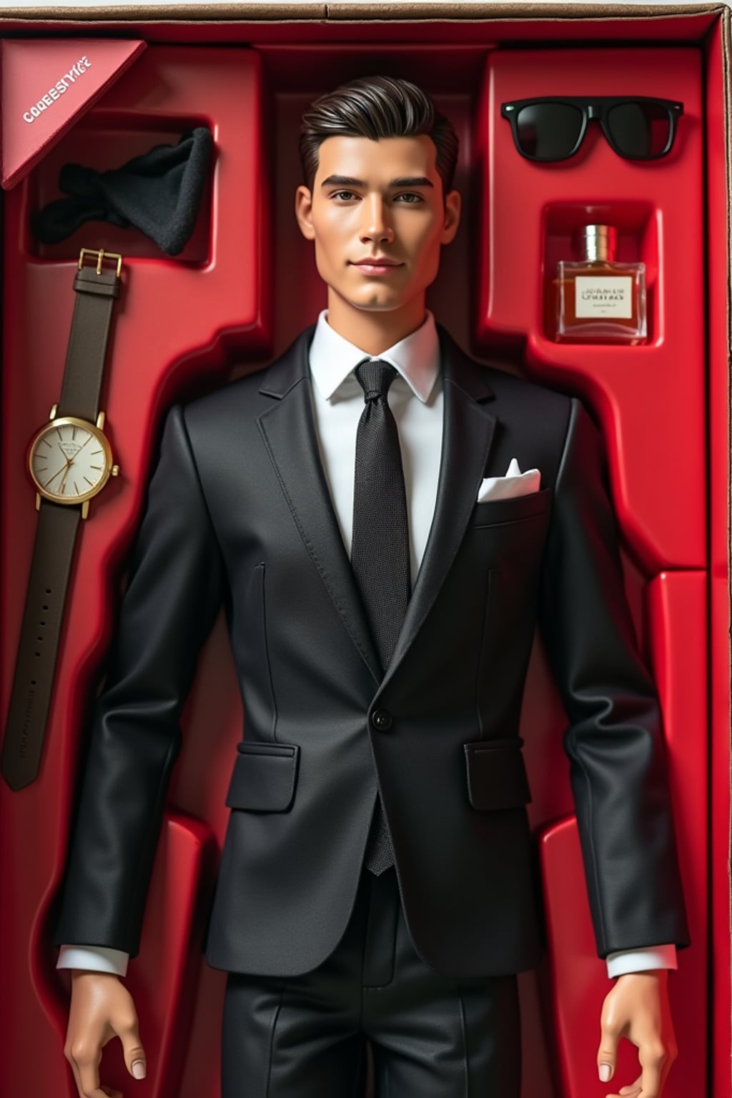 man as an action figure in packaging labeled 'SEXY EDITION'. Use man as a reference for the face. Model is 6 inches tall and dressed in  suit and tie outfit, and striking a confident pose. The cardboard section should be red. Include an 'Accessories' section with items like sunglasses, perfume/cologne bottle, and elegant watch. Make the design visually appealing and alluring. Do not include the character image on packaging.