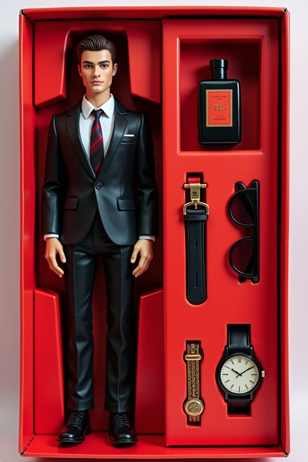 man as an action figure in packaging labeled 'SEXY EDITION'. Use man as a reference for the face. Model is 6 inches tall and dressed in  suit and tie outfit, and striking a confident pose. The cardboard section should be red. Include an 'Accessories' section with items like sunglasses, perfume/cologne bottle, and elegant watch. Make the design visually appealing and alluring. Do not include the character image on packaging.