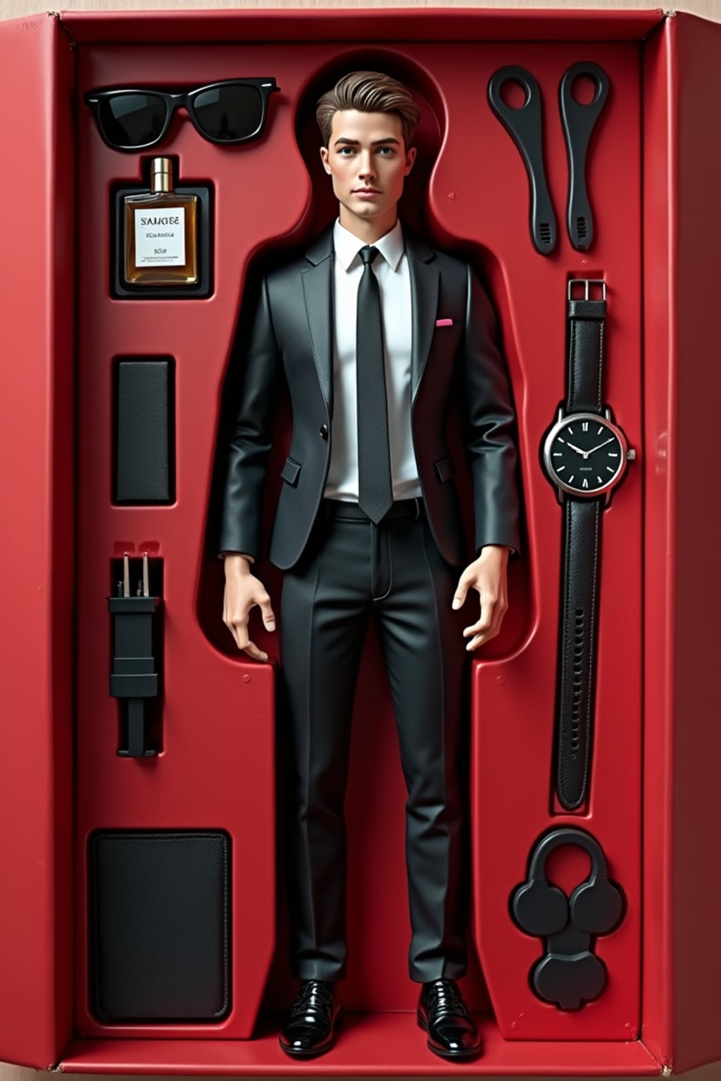 man as an action figure in packaging labeled 'SEXY EDITION'. Use man as a reference for the face. Model is 6 inches tall and dressed in  suit and tie outfit, and striking a confident pose. The cardboard section should be red. Include an 'Accessories' section with items like sunglasses, perfume/cologne bottle, and elegant watch. Make the design visually appealing and alluring. Do not include the character image on packaging.