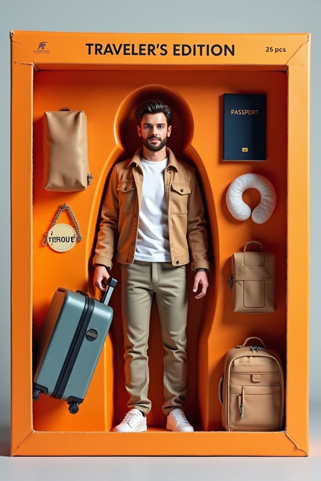 man as an action figure in packaging labeled 'TRAVELER\'S EDITION'. Use man as a reference for the face. Model is 6 inches tall and dressed in travel attire, and holding a suitcase. The cardboard section should be orange. Include an 'Accessories' section with items like passport, travel pillow, and travel bag. Make the design visually appealing and reflective of travel lifestyle. Do not include the character image on packaging.