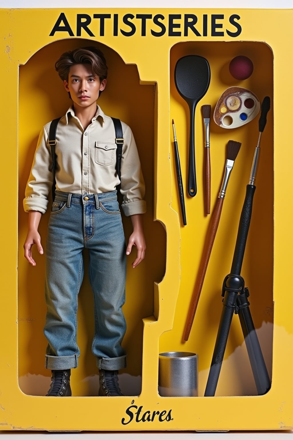 man as an action figure in packaging labeled 'ARTIST SERIES'. Use man as a reference for the face. Model is 6 inches tall and dressed in artistic attire, and holding a paintbrush. The cardboard section should be yellow. Include an 'Accessories' section with items like easel, paint palette, and art supplies. Make the design visually appealing and reflective of artistry. Do not include the character image on packaging.