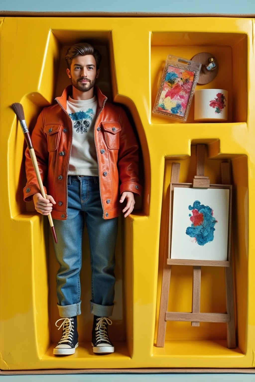 man as an action figure in packaging labeled 'ARTIST SERIES'. Use man as a reference for the face. Model is 6 inches tall and dressed in artistic attire, and holding a paintbrush. The cardboard section should be yellow. Include an 'Accessories' section with items like easel, paint palette, and art supplies. Make the design visually appealing and reflective of artistry. Do not include the character image on packaging.