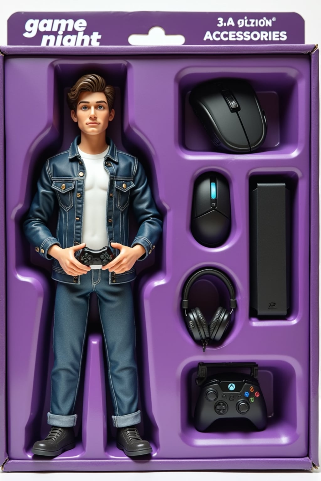 man as an action figure in packaging labeled 'GAME NIGHT'. Use man as a reference for the face. Model is 6 inches tall and dressed in casual gaming attire, and holding a controller. The cardboard section should be purple. Include an 'Accessories' section with items like gaming mouse, gaming headset, and gaming console. Make the design visually appealing and reflective of gaming culture. Do not include the character image on packaging.