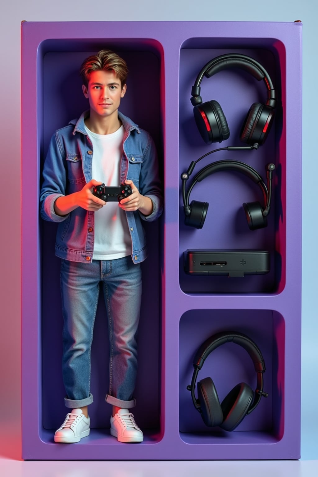 man as an action figure in packaging labeled 'GAME NIGHT'. Use man as a reference for the face. Model is 6 inches tall and dressed in casual gaming attire, and holding a controller. The cardboard section should be purple. Include an 'Accessories' section with items like gaming mouse, gaming headset, and gaming console. Make the design visually appealing and reflective of gaming culture. Do not include the character image on packaging.
