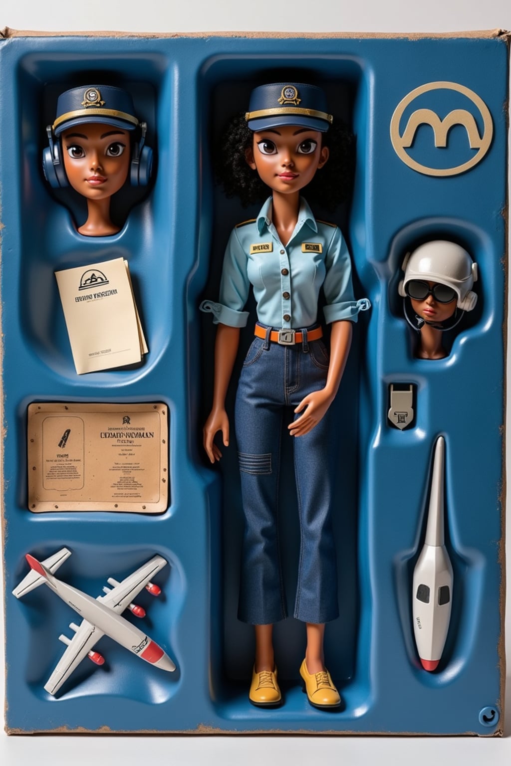 woman as an action figure in packaging labeled 'PILOT EDITION'. Use woman as a reference for the face. Model is 6 inches tall and dressed in pilot uniform with cap, and holding aviator sunglasses. The cardboard section should be navy blue. Include an 'Accessories' section with items like pilot headset, flight manual, and woman airplane. Make the design visually appealing and reflective of aviation profession. Do not include the character image on packaging.